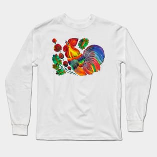 Magic cock. Petrykivka painting. Rainbow rooster Long Sleeve T-Shirt